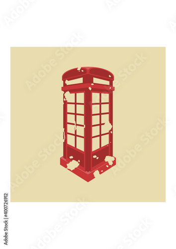 Editable Three-Quarter Oblique View Red Typical Traditional English Telephone Booth in Flat Grunge Style Vector Illustration for England Culture Tradition and History Related Design