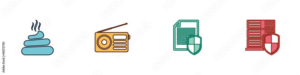 Set Shit, Radio, Document protection and Server with shield icon. Vector. Set Shit, Radio, Document protection and Server with shield icon. Vector.