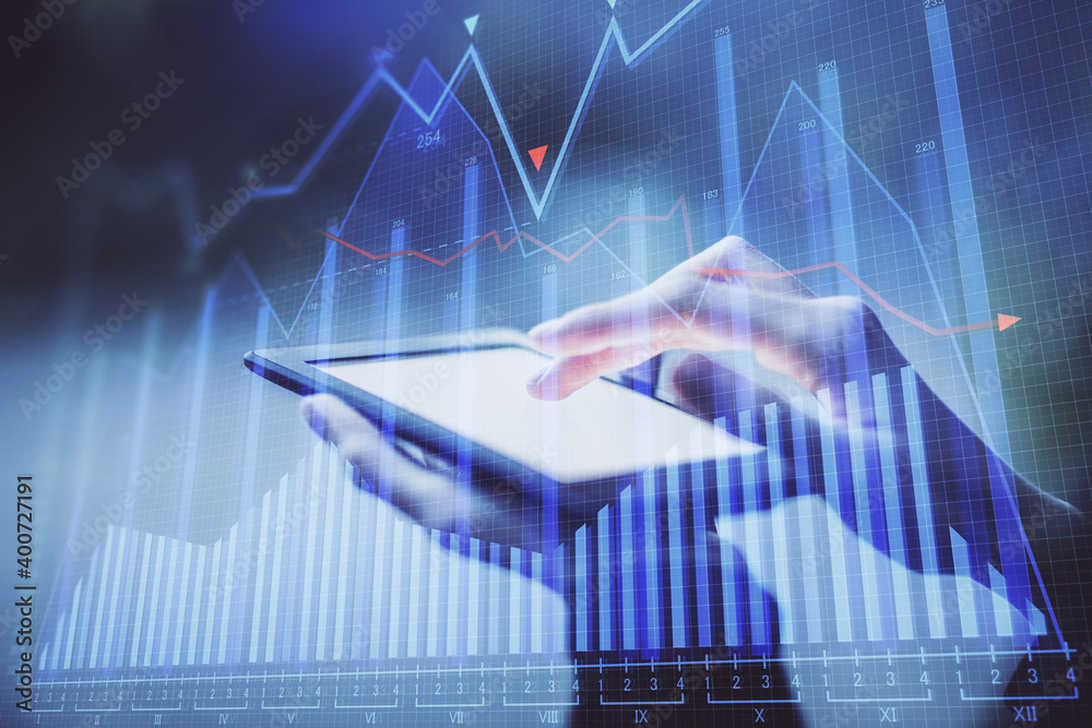 Double exposure of forex chart sketch hologram and woman holding and using a mobile device. Financial market concept. Double exposure of forex chart sketch hologram and woman holding and using a mobile device. Financial market concept.
