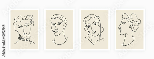 Abstract poster set. Matisse inspired hand drawn portraits, contemporary art for print wall decor mid-century style. Creative vector illustration