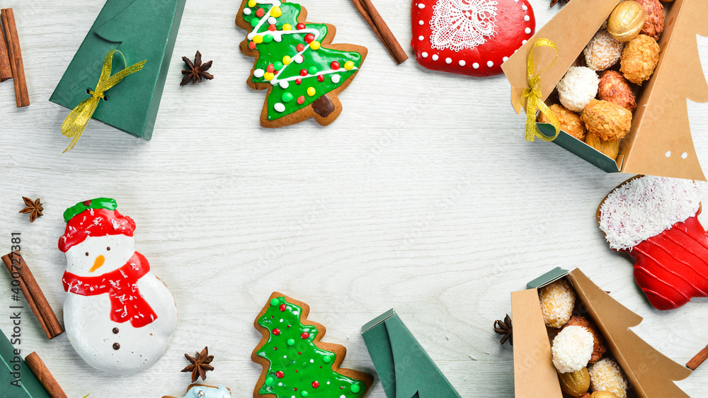 Christmas and New Year sweets. Sweets, gingerbread and candies. Banner. Top view. Sweet bar.