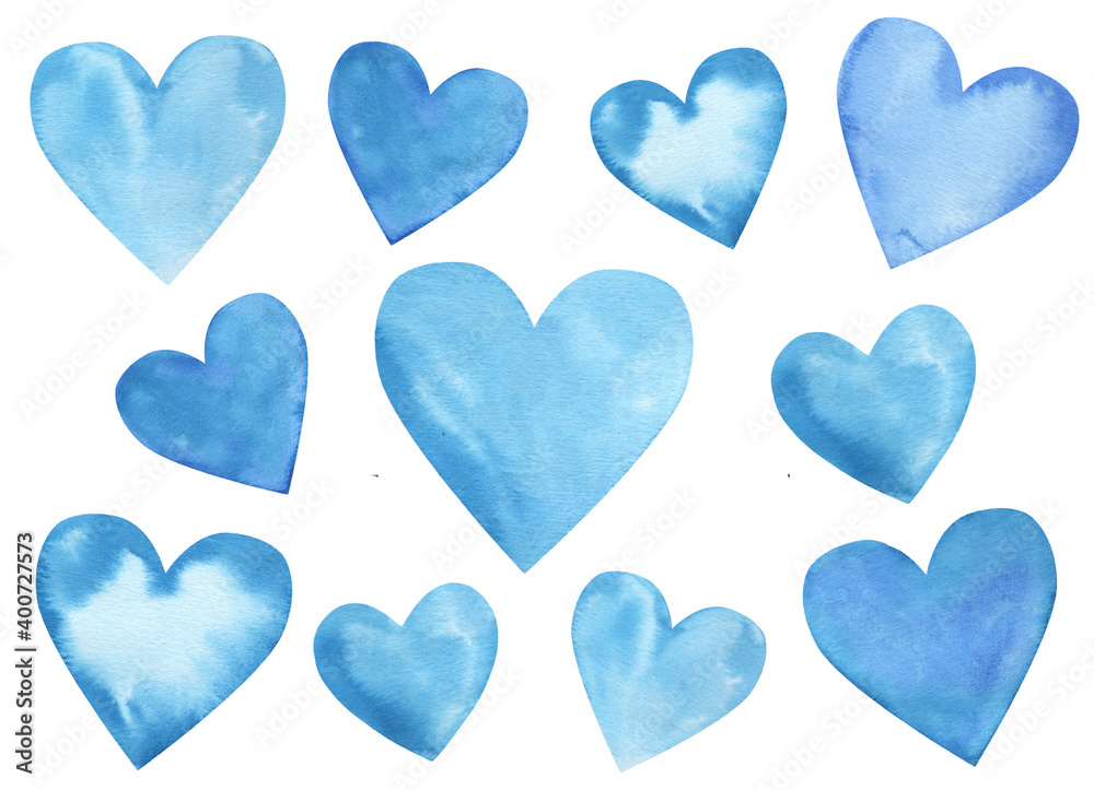 Watercolor set of blue hearts on white background
