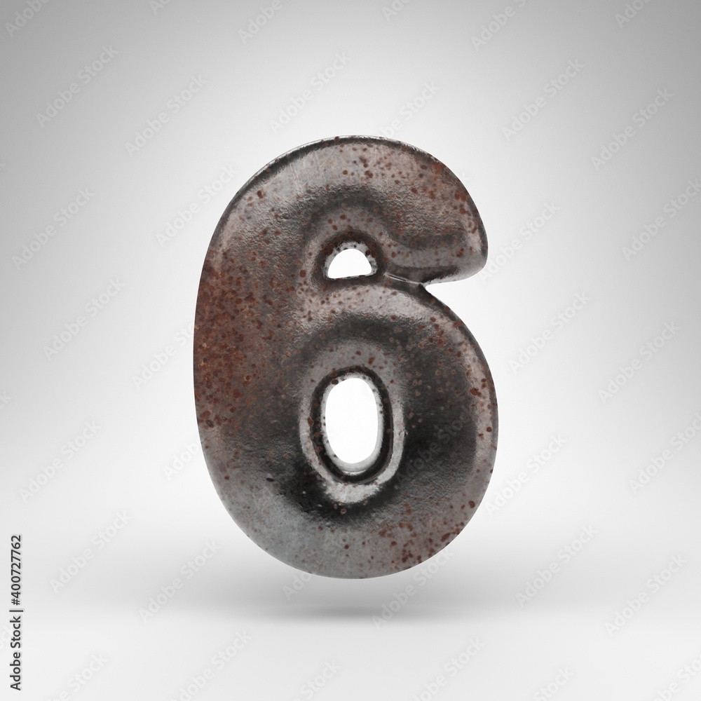 Number 6 on white background. Rusty metal 3D number with oxidized texture. Number 6 on white background. Rusty metal 3D number with oxidized texture.
