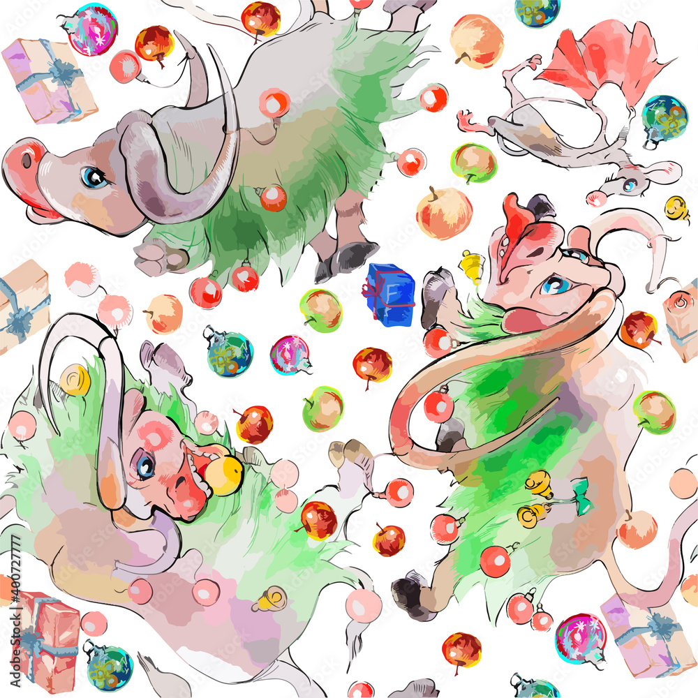 New Year.year of the bull.the texture is seamless.vector drawing in watercolor style.Manual graphics. colorful christmas picture for printing on packaging and fabric. apples, christmas decorations. New Year.year of the bull.the texture is seamless.vector drawing in watercolor style.Manual graphics. colorful christmas picture for printing on packaging and fabric. apples, christmas decorations.