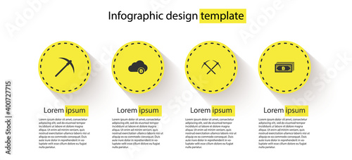 Set Pickaxe, Cryptocurrency cloud mining, Crossed pickaxe and bitcoin. Business infographic template. Vector.