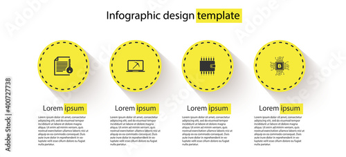 Set Smart contract, Mining with laptop and pickaxe, Cryptocurrency wallet and CPU mining farm. Business infographic template. Vector.