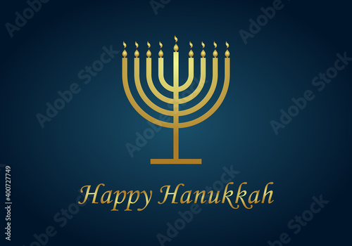 Happy hanukkah. Gold menorah of hanuka on blue background. Jewish chanukah with menora, candles and oil. Card for judaism festival or party. Banner of hannukah. Hebrew illustration with text. Vector