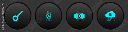 Set Cryptocurrency key, bitcoin in circuit, CPU mining farm and cloud icon. Vector.