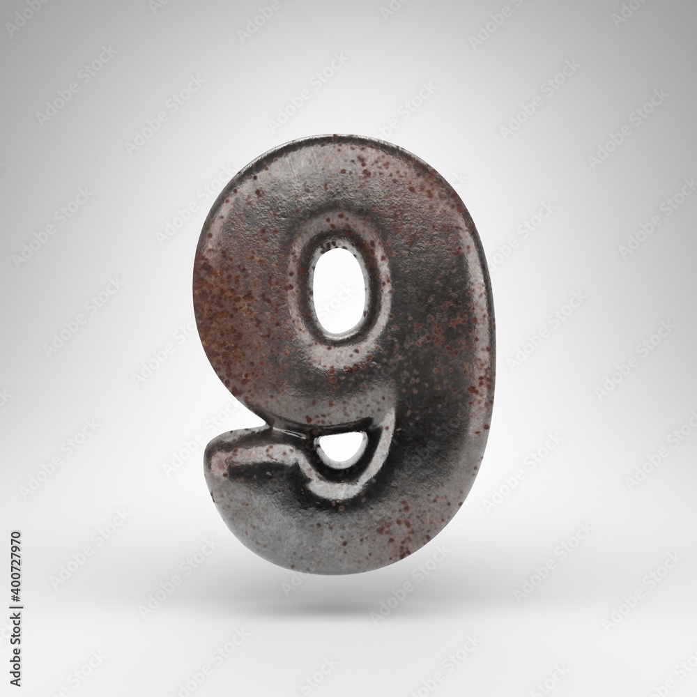 Number 9 on white background. Rusty metal 3D number with oxidized texture. Number 9 on white background. Rusty metal 3D number with oxidized texture.