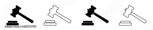 Icon of gavel. Hammer for judge. Logo of law or auction. Mallet of judgement on court. Black symbol of legal decision. Act of justice. Graphic in line style for concept of verdict and bid. Vector