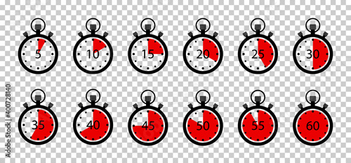 Clock timer with stopwatch. Icon of countdown for speed, cooking and sport. Watch time on round clock with minute, second. Start and stop on graphic chronometer. Counter with seconds. Vector