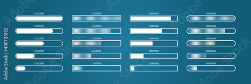 Progress bar of load. Digital status of download. White interface of loading on blue background. Futuristic icons of upload for waiting on computer, internet and app. Sign of timer and speed. Vector