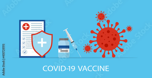 Vaccine of covid-19. Syringe for injection with shield for protection from flu. Campaign of vaccination from coronavirus. Immunization from influenza. Illustration for medicine and pharmacy. Vector