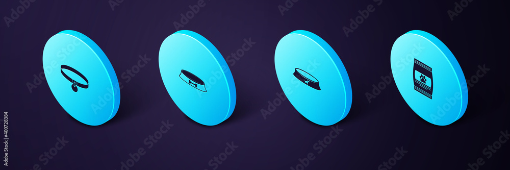 Set Isometric Bag of food for pet, Pet bowl, and Collar icon. Vector. Set Isometric Bag of food for pet, Pet bowl, and Collar icon. Vector.