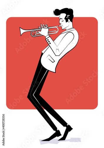 Concept for jazz poster. Man playing trumpet on red background. Sketch style illustration.