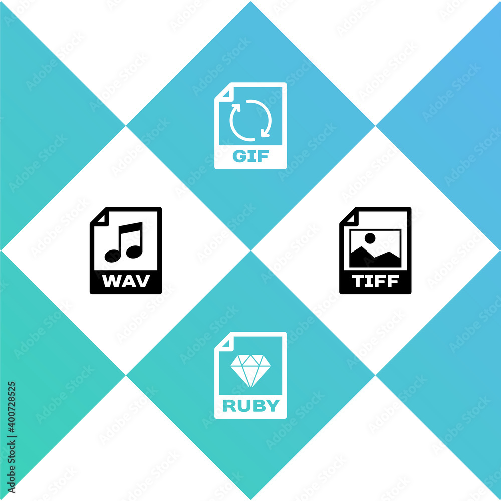 Set WAV file document, RUBY, GIF and TIFF icon. Vector. Set WAV file document, RUBY, GIF and TIFF icon. Vector.