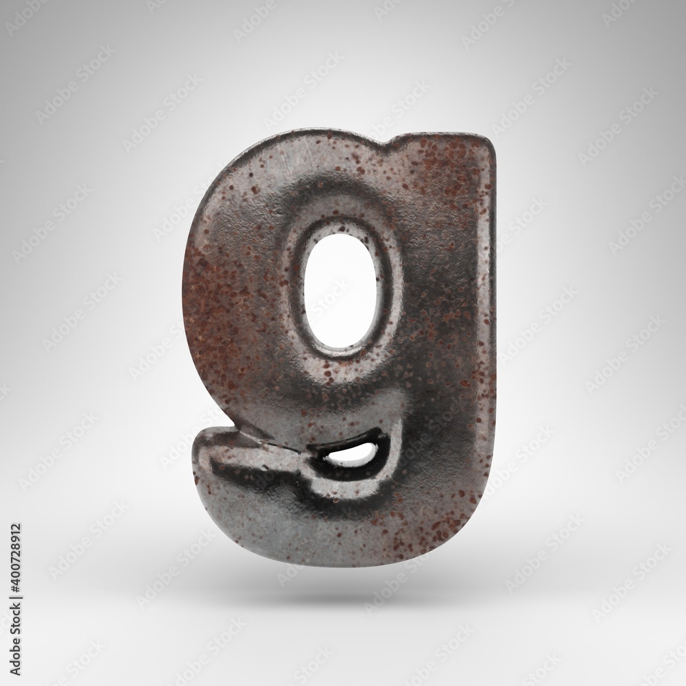 Letter G lowercase on white background. Rusty metal 3D letter with oxidized texture. Letter G lowercase on white background. Rusty metal 3D letter with oxidized texture.