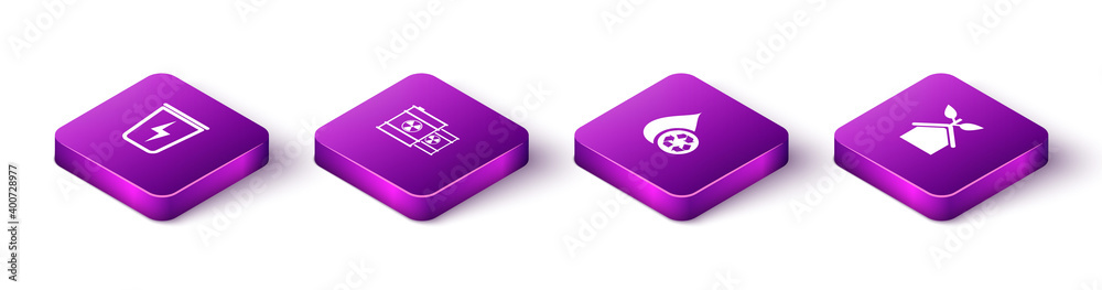 Set Isometric Lightning with trash can, Radioactive waste barrel, Recycle clean aqua and Eco friendly house icon. Vector. Set Isometric Lightning with trash can, Radioactive waste barrel, Recycle clean aqua and Eco friendly house icon. Vector.