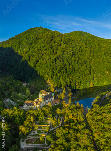 Lillafured, Hungary - Aerial view of the famous Lillafured Castle in the mountains of Bukk near Miskolc on a sunny summer morning with clear blue sky