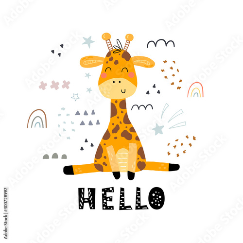 Funny cute scandinavian giraffe cartoon style. Vector print with giraffe. Printable templates. vector print. Perfect for kids apparel, poster, baby shower card. Vector illustration