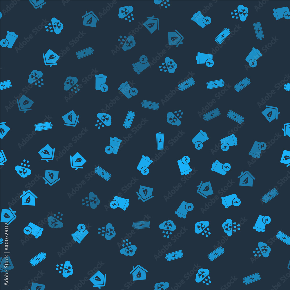 Set Acid rain and radioactive cloud, Lightning with trash can, Battery and Eco friendly house on seamless pattern. Vector. Set Acid rain and radioactive cloud, Lightning with trash can, Battery and Eco friendly house on seamless pattern. Vector.