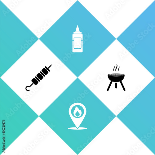 Set Grilled shish kebab, Location with fire flame, Mustard bottle and Barbecue grill icon. Vector.