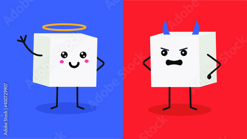 Bad and good effects of sugar. Cute sugar pieces vector illustration
