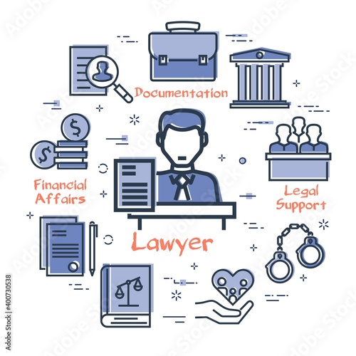 Vector line banner of legal proceedings - lawyer man icon
