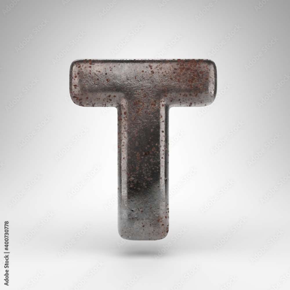 Letter T uppercase on white background. Rusty metal 3D letter with oxidized texture. Letter T uppercase on white background. Rusty metal 3D letter with oxidized texture.