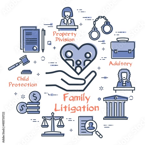 Vector line banner of legal proceedings - family litigation icon