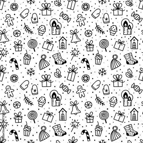 Vector seamless Christmas pattern in doodle style with winter warm clothing, gift boxes, sweets, snow. Can be used for wallpaper, pattern fills, wrapper, textile, web page background, wrapping paper.