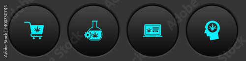 Set Shopping cart with marijuana, Test tube, Online buying and Head profile icon. Vector.