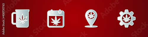 Set Cup tea with marijuana, Calendar and, Location and Test tube icon. Vector.