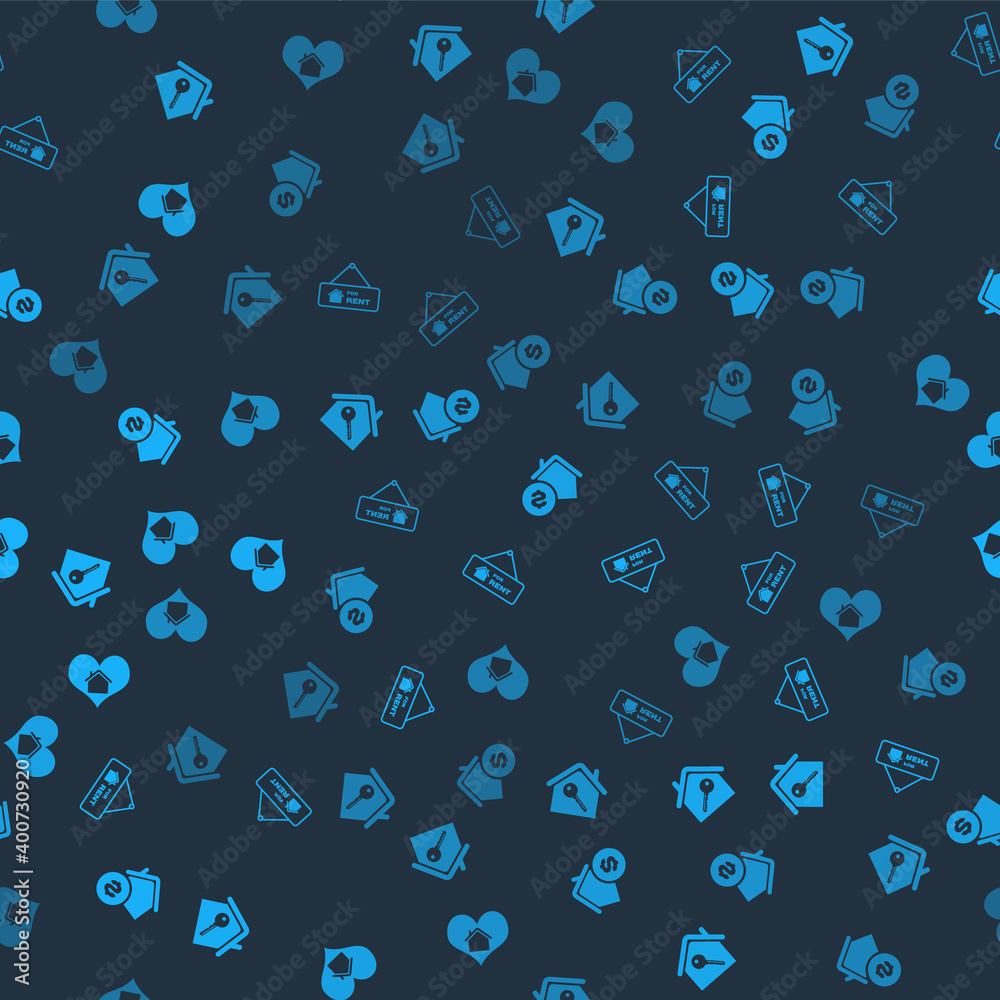 Set House with key, Hanging sign For Rent, dollar and heart shape on seamless pattern. Vector.