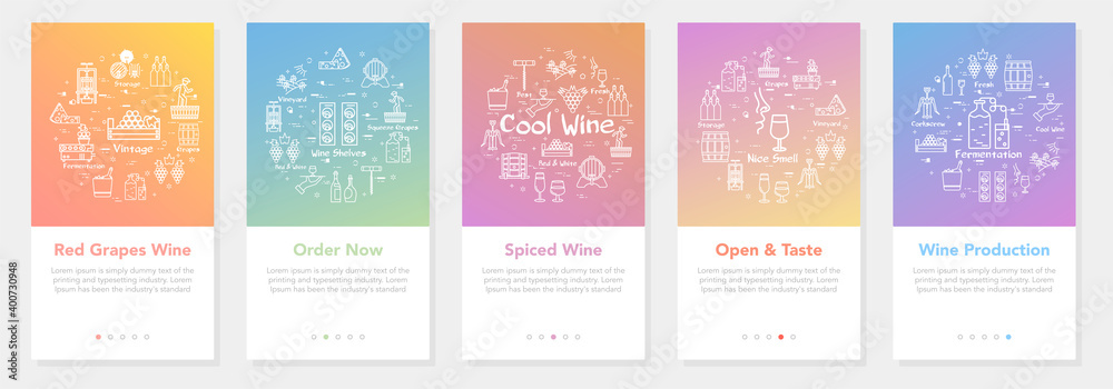 Vertical five banners with line concept of winemaking - wine order and production