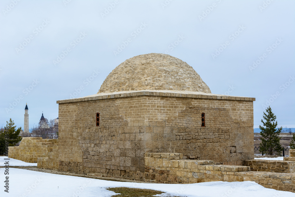 Bulgarian settlement. Limestone Khan's tomb on a cloudy spring day in Bolgar. Bulgarian settlement. Limestone Khan's tomb on a cloudy spring day in Bolgar.