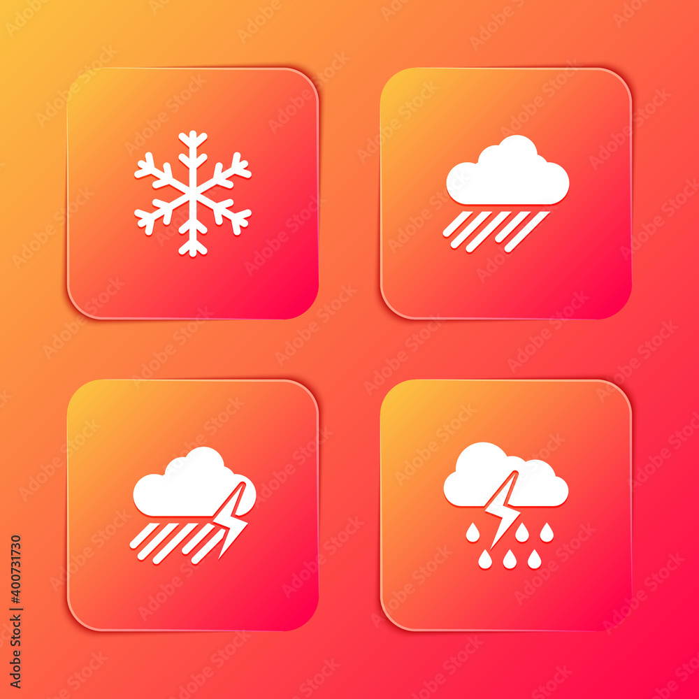 Set Snowflake, Cloud with rain, and lightning and icon. Vector. Set Snowflake, Cloud with rain, and lightning and icon. Vector.