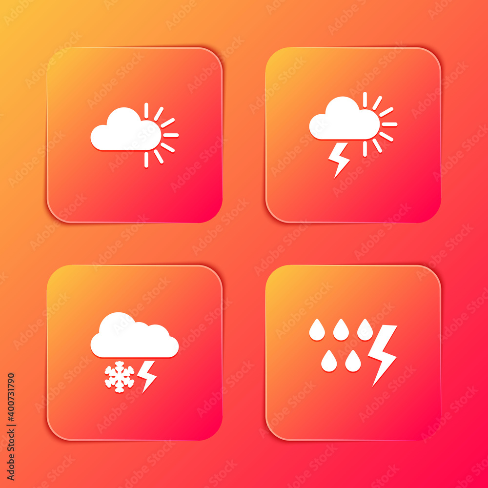 Set Cloudy, Storm, with snow and lightning and icon. Vector. Set Cloudy, Storm, with snow and lightning and icon. Vector.