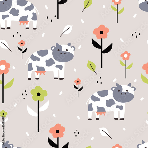 Seamless pattern with cute cartoon cow for fabric print, textile, gift wrapping paper. colorful vector for kids, flat style © PIPIOREN