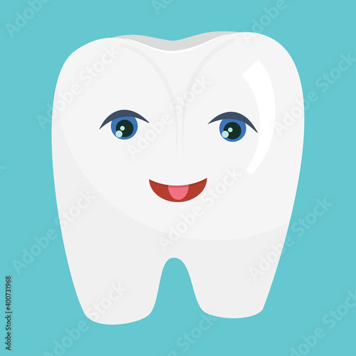 The character White Tooth with eyes and a cartoon-style smile is isolated on a blue background. Vector illustration for dentists, clean and healthy tooth..
