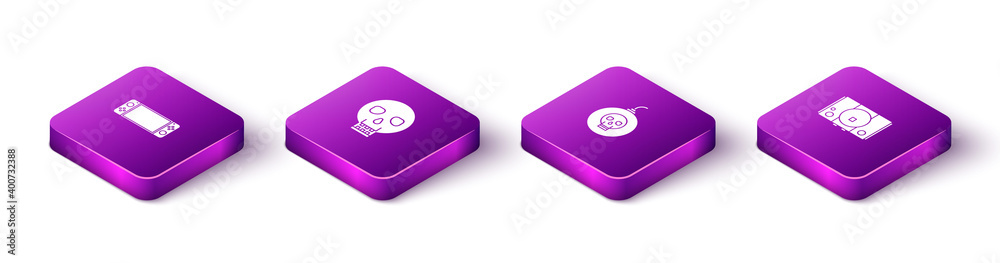 Set Isometric Portable video game console, Skull, Bomb ready to explode and Video icon. Vector. Set Isometric Portable video game console, Skull, Bomb ready to explode and Video icon. Vector.
