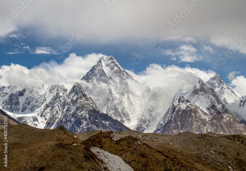 gesherbrum 4 in clouds,  the confluence of Baltoro Glacier and Godwin Austen Glacier). Most of the highest peaks in Pakistan lie in the Karakorum mountain range  photo