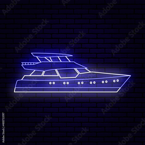 neon sign in the form of an expensive yacht. Against the background of a brick wall with a shadow. Blue  white colors.