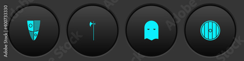 Set Shield, Medieval halberd, Executioner mask and Round wooden shield icon. Vector.