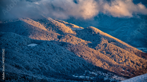 Fototapeta Naklejka Na Ścianę i Meble -  An unique sunset in the mountains. Bieszczady National Park. Carpathian Mountains. Poland