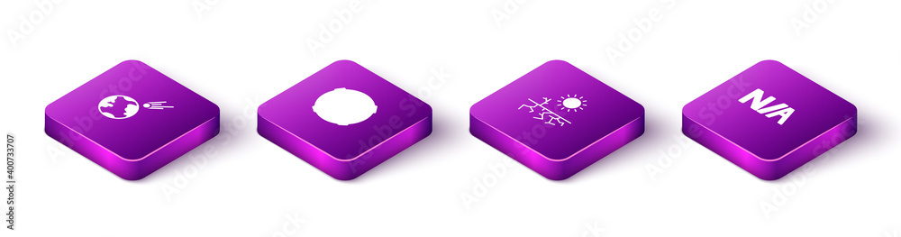 Set Isometric Comet falling down fast, Moon, Drought and Not applicable icon. Vector. Set Isometric Comet falling down fast, Moon, Drought and Not applicable icon. Vector.