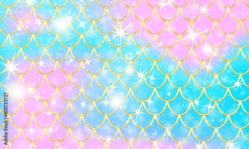 Golden pattern. Holographic rainbow background. Gold scales. Mermaid print.