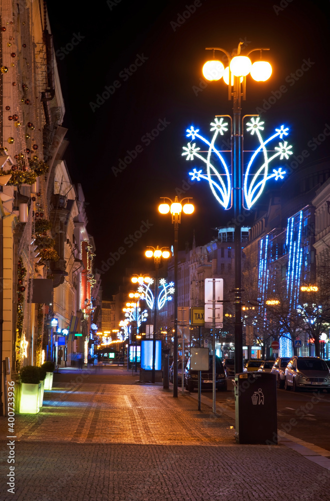 Holiday decorations of Prikope street in Prague. Czech republic