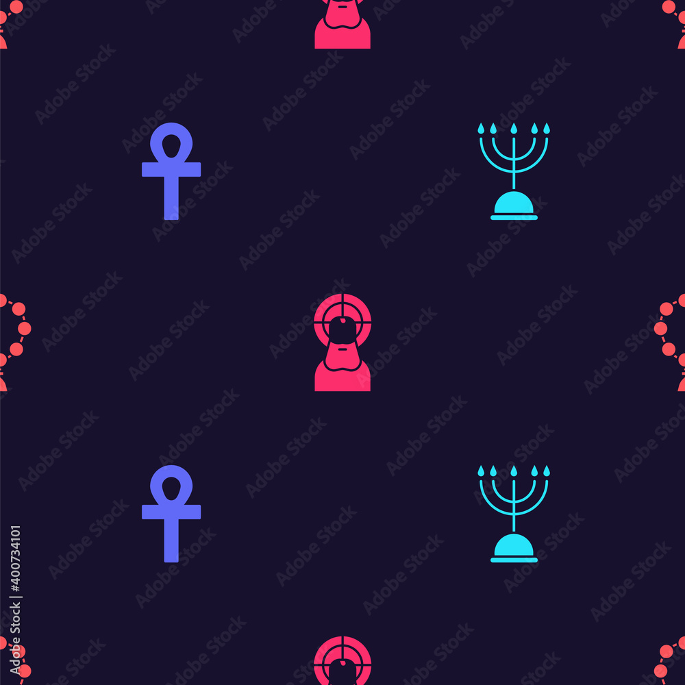 Set Hanukkah menorah, Cross ankh, Jesus Christ and Rosary beads religion on seamless pattern. Vector. Set Hanukkah menorah, Cross ankh, Jesus Christ and Rosary beads religion on seamless pattern. Vector.