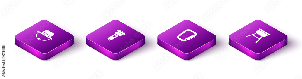 Set Isometric Camping hat, Flashlight, Carabiner and Barbecue grill icon. Vector. Set Isometric Camping hat, Flashlight, Carabiner and Barbecue grill icon. Vector.
